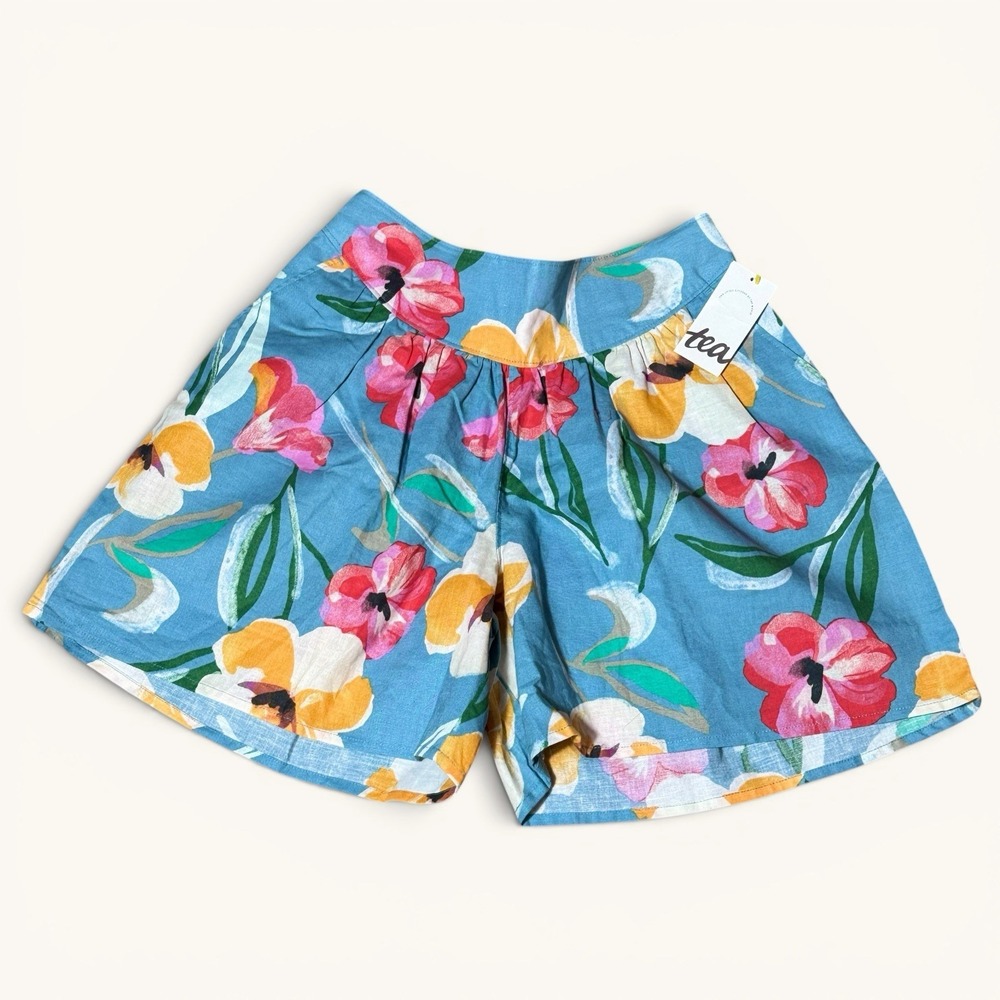 Tea Collection Girls 12 NWT Linen Cotton Culotte Shorts Painterly Hibiscus Blue